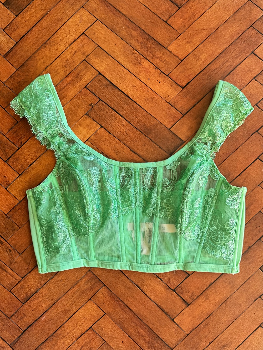 Sz L Victoria’s Secret Green Boho Floral Embroidered Cap Sleep Corset Top NWT